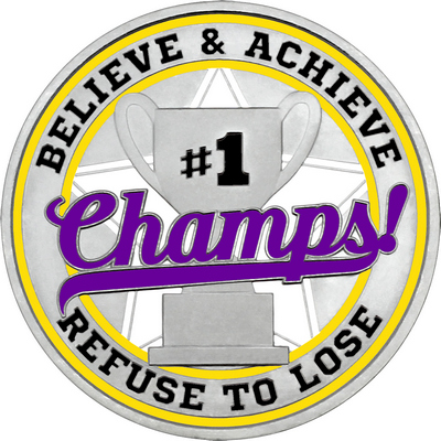 Purple "Champs!" with Yellow Outer Circular Borders